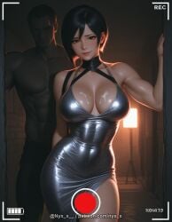1boy 1girl abs ada_wong ai_generated bare_shoulders black_dress black_hair breasts brown_eyes cleavage covered_navel cum cum_on_body cum_on_breasts dark-skinned_male dress explicit halterneck hetero large_breasts lips looking_at_viewer muscular muscular_male nyx_x questionable recording resident_evil shiny shiny_skin short_hair smile solo_focus