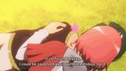 1boy 1girls animated anime female futoku_no_guild gif gigantic_breasts hanabata_nohkins licking lucky_bastard pink_hair provocative saliva saliva_trail sexy sweat