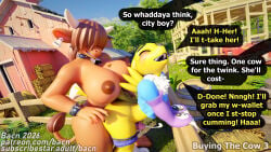 2026 3d_(artwork) absurd_res anal anal_penetration anthro bacn bandai_namco barn barrel bent_over big_breasts blender_(artwork) blender_cycles_(artwork) blush bodily_fluids bottomwear bovid bovid_horn bovine bovine_ears breasts buying canid canine clothed clothed_sex clothing cowbell cowbell_collar crop_top cuffs_(clothing) cum detailed_background dialogue digimon digimon_(species) digital_media_(artwork) duo ear_piercing ear_tag ejaculation english_text erection farm femboy fence fox from_behind_position genital_fluids genitals grass gynomorph gynomorph/male hair hands-free happy happy_sex hay hay_bale heart_(marking) hi_res horn huge_breasts intersex intersex/male male male_penetrated mammal markings nipples nude open_mouth outside outside_sex penetration penile penis piercing plant renamon renamon_(bacn) sex sex_slave shirt shorts slave smile speech_bubble standing standing_sex tail teeth text topwear tractor tree vehicle white_body