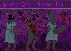 anthro barefoot body_horror directional_arrow ears_up feet female fur grey_body grey_fur hi_res looking_back machine medical open_chest open_mouth protogen reference_image rip_(roli_poli) roli_poli solo standing tail teeth teeth_showing tentacles text