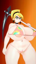 mandy_(billy_and_mandy) the_grim_adventures_of_billy_and_mandy cartoon_network blonde_hair earrings skull_earrings chocker aged_up pink_lips black_choker hairband thighs thick_thighs breasts big_breasts huge_breasts gigantic_breasts boobs blonde_female nipples_visible_through_clothing nipple_bulge tight_clothing wide_hips 3d 3d_(artwork) 3d_model koikatsu kaoskatsu bikini nipples_visible_through_bikini barely_visible_nipples barely_visible_pussy pubic_hair belly_button scythe tight_bikini sunglasses barely_contained