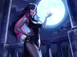 1girl absurdres animal_ears black_dress black_hair blue_hair blue_nails breasts commentary cowboy_shot dress ear_piercing english_commentary freckles glasses hand_on_own_hip highres indie_virtual_youtuber moon multicolored_hair nallena_vwolf non-web_source piercing pink_eyes pink_hair pink_nails rabbit_ears rabbit_tail round_eyewear samikk snowing tail virtual_youtuber white_hair