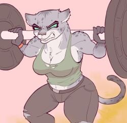 anthro athletic athletic_female cleavage commission_art dreamworks fart fart_cloud farting feline female furry gas green_eyes grey_body grey_fur inner_ear_fluff kitty_kat_(the_bad_guys) pants sharp_teeth snow_leopard some_wight_(artist) spotted_markings straining sweat tank_top the_bad_guys weightlifting weights workout
