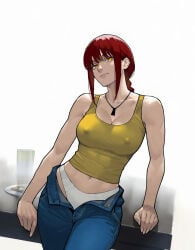 makima_(chainsaw_man) chainsaw_man zloimakak ai_generated 1girls female female_only solo red_hair panties white_panties blue_pants pants nipples_visible_through_clothing open_pants