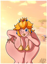 meryo_2 mario_(series) nintendo princess_peach thick_lips lips parted_lips blonde_hair hair long_hair crown headwear blue_eyes lipstick one_eye_closed wink winking earrings ear_piercing bent_forward blush big_breasts breasts hanging_breasts cleavage wide_hips hips hand_behind_back bikini bikini_top bikini_bottom topwear bottomwear swimwear solo solo_female female female_only alternate_version_available 1girls golden_week golden_bikini yellow_lips yellow_lipstick