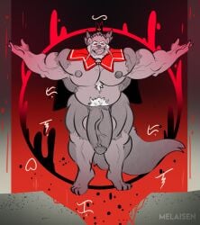 2023 abstract_background absurd_res anthro balls bara barazoku barely_visible_balls barely_visible_genitalia bear bell bell_collar belly_hair big_penis black_crown body_hair collar cosplay crown cult_of_the_lamb digital_drawing_(artwork) digital_media_(artwork) domestic_cat eyebrows felid feline felis floating_crown full-length_portrait fur genitals glans grey_balls grey_body grey_fur grey_tail grin headgear hi_res huge_penis humanoid_genitalia humanoid_hands humanoid_penis hybrid male male_anthro mammal massive_monster_(studio) melaisen mostly_nude mostly_nude_anthro mostly_nude_male musclegut muscular muscular_anthro muscular_male nipples penis portrait pubes pubic_hair red_eyes smile solo spread_arms tail teeth vein veiny_penis whiskers white_eyebrows white_pubes