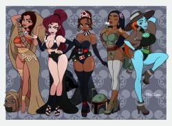 5girls barefoot big_breasts bimbo black_eyes black_gloves black_leotard black_thighhighs blue_body blue_eyes blue_skin boba_fett_(cosplay) breasts brown_eyes brown_hair buzz_lightyear_of_star_command cad_bane_(cosplay) cleavage closed_eyes cosplay crossover darth_vader_(cosplay) disney disney_princess feet female female_only fingerless_gloves flower flower_in_hair footwear full_body gloves grey_thighhighs hair hair_bun hair_ornament hand_behind_head hand_on_hip handwear hat headwear heels helmet hercules_(disney) high_heel_boots high_heels holding_flower holding_object isabela_madrigal kylo_ren_(cosplay) legs legwear lips lipstick long_hair may_the_4th_be_with_you megara mira_nova moana moana_waialiki multiple_girls necklace neckwear orange_hair orange_thong platform_heels ponytail pose posing princess_tiana red_hair red_lips red_lipstick revealing_clothes ricozappa shoulder_pad skimpy skimpy_clothes star_wars the_princess_and_the_frog thick_lips thigh_strap thighhighs thighs thong tiara tied_hair tubetop tusken_raider_(cosplay) yellow_sclera