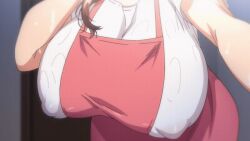 1girl 1girls 2023 20s animated animated_gif apron apron_between_breasts ass bent_over blush breasts breasts_apart brown_eyes brown_hair clothes_lift collarbone doorway embarrassed eyebrows_hidden_by_hair female female_only housewife huge_breasts indoors large_breasts long_hair looking_at_viewer mature_female mole mole_under_mouth open_door opening_door parted_lips pink_apron sagging_breasts screencap see-through_clothes see-through_shirt shiny_skin shirt short_sleeves smile solo standing sweat tagme tsuma_ni_damatte_sokubai-kai_ni_iku_ja_nakatta wet wet_clothes wet_shirt white_shirt yumiko_kimura