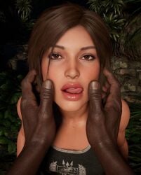3d ai_generated british_female close-up dark-skinned_male dark_skin defeated defeated_heroine fingers hands intimate lara_croft lara_croft_(survivor) light-skinned_female light_skin mouth mouth_open pov romantic sfm tomb_raider tomb_raider_(survivor)