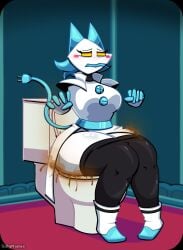 5_fingers anthro black_bottomwear black_clothing black_pants blue_body blue_buttons blue_ears blue_fingers bottomwear bottomwear_down butt cheek_spots clothed clothing cord_tail darkner deltarune diarrhea empty_eyes english_text explosive_diarrhea fart fart_cloud feces feces_blowout feces_in_toilet felid feline female fingers floating_hands footwear glistening glistening_body hi_res machine mammal metal_clothing metallic_body multicolored_body pants pants_down partially_clothed pooping_in_toilet robot scat shoes sillynamie smelly solo tasque_manager tasque_manager_(deltarune) text toilet toilet_bowl toilet_lid toilet_seat toilet_use two_tone_body undertale_(series) white_body