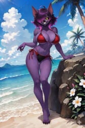 ai_generated bat batsloth beach big_breasts bikini furry lord_sarloc purple_fur purple_hair sarlette sloth