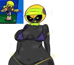 meeple_(brawl_stars) brawl_stars sweaty_body bad_anatomy lazy big_breasts sweat breath_cloud half-closed_eyes smile nonbinary feminine nonbinary_(lore) bikini