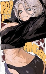 1girls angel_(kof) big_ass blue_eyes female female_focus from_behind huge_ass huge_breasts jacket jinbei0608 jinbei_(jinbei0608) king_of_fighters large_breasts leather leather_jacket looking_at_viewer looking_back pale_skin panties short_hair smile smiley_face white_hair