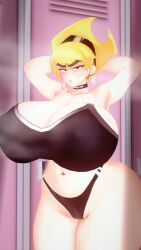 mandy_(billy_and_mandy) the_grim_adventures_of_billy_and_mandy cartoon_network blonde_hair earrings skull_earrings chocker aged_up pink_lips black_choker hairband thighs thick_thighs breasts big_breasts huge_breasts gigantic_breasts boobs blonde_female nipples_visible_through_clothing nipple_bulge tight_clothing wide_hips 3d 3d_(artwork) 3d_model koikatsu kaoskatsu big_ass pussy_visible_through_thong black_thong thong bra black_bra sweat sweating sweaty steaming_body steamy hands_behind_head locker_room steam sports_bra sports_bikini sports_panties