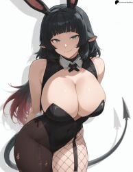 1girl 1girls ai_generated arms_behind_back bangs black_hair breasts cleavage closed_mouth fake_animal_ears fishnet_pantyhose fishnets green_eyes hi_res high_quality high_resolution highres hoyoverse huge_breasts jane_doe_(zenless_zone_zero) leaning_forward light light_smile lips long_hair looking_at_viewer mouse_ears mouse_girl mouse_tail multicolored_hair naughty_face nose opal_nemy pantyhose patreon_logo patreon_url patreon_username plain_background playboy_bunny red_hair self_upload shadow shiny shiny_clothes shiny_hair shiny_skin simple_background solo tail thick_thighs thighs watermark white_background zenless_zone_zero