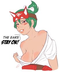 1girls 2d blizzard_entertainment brown_eyes caramel_cactus english_text face_markings female fox fox_girl fox_mask foxgirl green_hair kiriko_(overwatch) kitsune light-skinned_female looking_at_viewer overwatch overwatch_2 ponytail speech_bubble taking_clothes_off text text_bubble