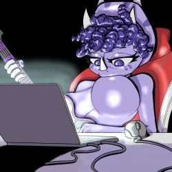 kaynorko trish_(gvh) cavemanon_studios goodbye_volcano_high anthro big_breasts purple_body purple_hair curly_hair scalie dinosaur purple_scalies breasts nude nude_female computer computer_monitor computer_mouse guitar convenient_breasts female huge_breasts self_suckle solo sucking_breasts sucking_own_breasts 2026 hi_res meme sucking_breasts_meme snoot_game ceratopsian ceratopsid chasmosaurine reptile shortstack short_hair triceratops