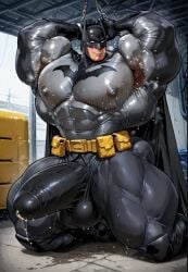 civitai ai_generated batman_(series) batman batman_(bruce_wayne) bara hyper hyper_muscles hyper_bulge armpit_hair clothed superhero_costume superhero male male_only muscles muscular_male muscular bulge chained