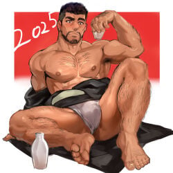1:1 1boy 2025 abs arm_hair armpit_hair armpits arms_up ass ass_visible_through_thighs balls_under_clothes bara beard beefy biceps big_areola big_bulge black_hair blush breasts bulge bulge_through_clothing chest_hair collarbone daddy dilf drunk feet flaccid full_body fundoshi gay genital_outline hairy hi_res holding_object hunk japanese_clothes kimono leg_hair legs_apart looking_at_viewer male male_only manly mature_male muscles muscular muscular_arms muscular_male open_clothes original original_character pecs red_background rokushaku_fundoshi sake sake_bottle sake_cup short_hair sitting six_pack soles solo thick_eyebrows toes tofulabo topless tough_guy white_border white_fundoshi yaoi yukata