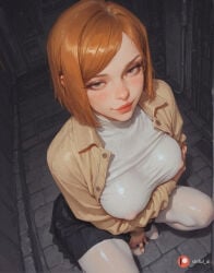 tiles breasts blush butt wide_hips tile_floor realistic short_hair covered_nipples aisinful jujutsu_kaisen female skirt wall pavement jacket smile kugisaki_nobara big_butt ass ai_generated big_boobs brick_wall lips hi_res medium_breasts big_ass stone_floor nose solo tile_wall 1girl large_breasts thick_thighs