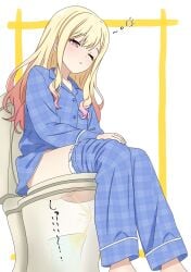 1girl ayafuya-p blonde_hair blue_pajamas blue_pants blue_shirt border cleft_of_venus clothes_pull collared_shirt commentary_request commission double-parted_bangs feet_out_of_frame female female_only from_side highres long_hair long_sleeves multicolored_hair on_toilet one_eye_closed outside_border pajamas panties pants pants_pull panty_pull parted_lips pee peeing pink_eyes pixiv_commission plaid_clothes plaid_pants plaid_shirt project_sekai pussy shirt simple_background sitting solo sound_effects squeans tenma_saki toilet toilet_use uncensored underwear white_background white_panties x-ray yellow_border