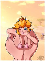 meryo_2 mario_(series) nintendo princess_peach thick_lips lips parted_lips blonde_hair hair long_hair crown headwear blue_eyes lipstick one_eye_closed wink winking earrings ear_piercing bent_forward blush big_breasts breasts hanging_breasts cleavage wide_hips hips hand_behind_back bikini bikini_top bikini_bottom topwear bottomwear swimwear solo solo_female female female_only alternate_version_available 1girls alternate_color pink_bikini pink_lips pink_lipstick