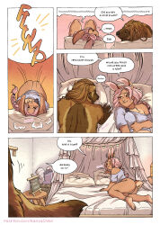 4_toes 5_fingers anthro bed bedroom black_nose blush blush_lines bodily_fluids bottomless bottomless_anthro bottomless_female bottomwear breasts brown_body brown_fur brown_hair butt claws clothed clothed_anthro clothed_female clothing comic dialogue digital_media_(artwork) duo english_text eva_(kantachibli) eyelashes facial_piercing feet female finger_claws fingering fingering_self fingers frustrated fur furniture gulonine hair hakan_(kantachibli) hi_res hindpaw humanoid_hands kantachibli lagomorph leporid lying lying_on_bed male male/female mammal masturbation mustelid musteline nipple_outline nose_piercing nose_ring nude nude_anthro nude_male on_back on_bed paws piercing pink_hair pubes rabbit ring_piercing scut_tail septum_piercing septum_ring sexual_frustration shirt short_tail smile speech_bubble sweat tail tan_body tan_fur text toes topwear tuft url wolverine