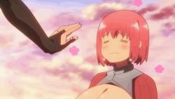 1boy 1girls acting animated anime extasis fake_blowjob female futoku_no_guild gif gigantic_breasts hanabata_nohkins licking_fingers screencap