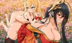 1futa 1girls ai_generated albacore_(azur_lane) azur_lane big_breasts bigger_female bikini black_hair blonde_hair doggystyle flower futa_on_female futa_with_female futanari garden green_eyes red_eyes sex size_difference small_breasts small_dom_big_sub smaller_futa taihou_(azur_lane) voluptuous voluptuous_female