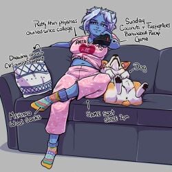 1:1 2026 4_toes 5_fingers ambiguous_feral ambiguous_gender anus artist_name bangs beast_(gaelfox) bent_legs black_nose black_pawpads blue_body blue_eyes blue_hair blue_skin bottomwear breasts canid canine canis cleavage clothed clothed_female clothed_humanoid clothing colored controller digital_drawing_(artwork) digital_media_(artwork) directional_arrow domestic_dog duo ear_piercing english_description english_text eyelashes feet female feral fingers footwear fully_clothed fully_clothed_female fully_clothed_humanoid fur furniture gael_(gaelfox) gaelfox grey_background hair herding_dog hi_res holding_controller holding_object holding_remote_control humanoid humanoid_hands humanoid_pointy_ears lich light lighting looking_at_viewer lying lying_on_sofa mammal medium_breasts multicolored_body multicolored_clothing multicolored_footwear multicolored_fur multicolored_shirt multicolored_socks multicolored_topwear navel on_back on_sofa open_mouth outline pants pastoral_dog pawpads piercing pillow pink_bottomwear pink_clothing pink_pajamas pink_pants pink_pupils pink_shirt pink_topwear pointy_ears pupils quadruped queen remote_control royalty shaded shirt short_hair simple_background sitting sitting_on_sofa smile smiling_at_viewer socks sofa tail tan_body tan_fur tan_tail text text_on_clothing text_on_shirt text_on_topwear toes topwear two_tone_body two_tone_fur undead welsh_corgi whisker_spots white_body white_fur white_outline white_pillow x_anus