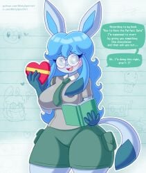 2026 4_fingers accessory annyglaceon_(mintyspirit) anthro anthrofied big_breasts blue_body blue_fur blue_hair blue_hand blue_sclera blush book box_of_chocolates breasts candy chocolate chocolate_box clothing dessert dialogue digital_media_(artwork) eeveelution eiscue eyebrow_through_hair eyebrows eyelashes eyelashes_through_hair eyewear female fingers food fur generation_4_pokemon generation_8_pokemon glaceon glasses hair happy heart_symbol holding_book holding_object holidays ice_cream ice_face_eiscue long_eyelashes long_hair looking_at_viewer mintyspirit necktie nerd nintendo noice_face_eiscue open_mouth pingu pingu_(series) piplup pokemon red_mouth school_uniform schoolgirl smile solo speech_bubble talking_to_viewer text thick_thighs translucent translucent_hair uniform white_eyes wide_hips