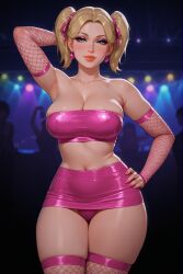 1girls ai_assisted ai_generated armpit_crease armpits bare_shoulders belly_button bimbo blonde_hair blue_eyes busty cleavage club curvy dance_floor disco disco_lights earrings eyelashes eyeshadow female female_only fishnet_gloves fishnet_thighhighs hair_ribbon hand_on_hip hourglass_figure large_breasts light-skinned_female lipstick looking_at_viewer midriff miniskirt narrow_waist neon neon_lights one_arm_behind_head one_hand_on_hip panties_visible_under_skirt people_in_background pigtails pink_clothing posing revealing_clothes rgomez007 rgomez007seductive_look self_upload shiny_clothes skindentation slutty_female smiling_at_viewer solo_female stable_diffusion standing thick_eyelashes thick_lips thick_outline thick_thighs tied_hair tubetop wide_hips