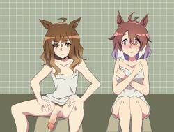 2girls :< ahoge animal_ears blush brown_hair commentary dantsu_flame_(umamusume) english_commentary feet_out_of_frame female_pubic_hair futanari highres horse_ears horse_girl jungle_pocket_(umamusume) manspreading medium_hair multiple_girls naked_towel notched_ear penis pubic_hair sitting the_freakin'_yui towel umamusume uncensored womanspreading yellow_eyes