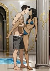 korra the_legend_of_korra avatar_the_last_airbender nickelodeon female blue_eyes brown_hair sexy_body small_breasts nude vagina vaginal_penetration vaginal_sex sex leg_up looking_pleasured tan_body ai_generated looking_at_partner bikini bikini_bottom_aside panties_aside holding_leg leg_grab fit_female mako shorts_down male wet standing_sex standing_on_one_leg full_body poolside hand_on_breast