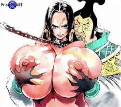 1boy 1girls ai_generated angry big_breasts black-haired_female boa_hancock busty chain chain_leash completely_nude_female deep_skin earrings fat_male female grabbing_another's_breast grabbing_breasts grabbing_from_behind huge_breasts male nipples one_piece priestofart saint_charlos shiny simple_background solo solo_female ugly_bastard ugly_man upper_body watercolor_(artwork) watermark white_background