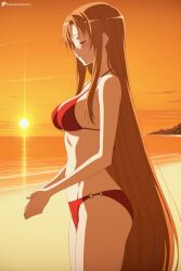 digitalwaifugallery ai_generated patreon seductive sexy uncensored watermark hi_res high_quality high_resolution himeji_kayoko high_school_fleet 1girl swimsuit long_hair bikini breasts closed_eyes solo very_long_hair red_bikini brown_hair sunset beach medium_breasts from_side smile outdoors ocean o-ring blush sun own_hands_together o-ring_bikini o-ring_bottom sideboob cowboy_shot sky