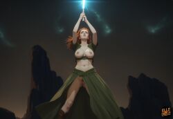 ai_generated elledoesai self_upload star_wars nomi_sunrider green_skirt green_top holding_lightsaber arms_above_head looking_up jedi tales_of_the_jedi_(comic) exposed_breasts solo_female exposed_pussy pubic_hair large_breasts