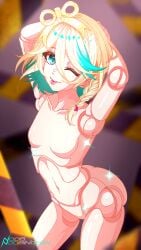 1girl absurdres armpits arms_behind_head arms_up ass bare_hips blonde_hair braid breasts cecilia_immergold cecilia_immergreen colored_inner_hair commentary convenient_censoring doll doll_joints double-parted_bangs english_commentary flat_chest green_eyes green_streaks hair_between_eyes highres hololive hololive_english joints looking_at_viewer multicolored_hair navel noob_noobington nude one_eye_closed pixel_art self-upload short_hair side_braid signature simple_background single_braid small_breasts solo sparkle sparkling_eyes streaked_hair textless_version tongue tongue_out two-tone_hair virtual_youtuber watermark wind-up_key winding_key