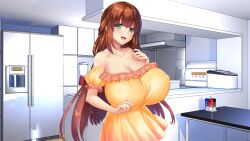maou_ga_gendai_sekai_ni_tensei_shitara_oppai_o_medenakute_wa_naranaku_natta_ken yawato_iroha valkyria_(studio) huge_breasts gigantic_breasts massive_breasts older_sister bare_shoulders enormous_breasts hyper_breasts super_breasts game_cg hisasi bedroom_eyes open_mouth open_mouth_smile open_eyes brown_hair brown-haired_female long_hair long_hair_female long_brown_hair giant_breasts female_only female 1girls talking