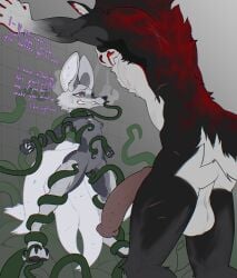 animal_genitalia animal_penis anthro balls big_balls big_ears blowing_steam bodily_fluids breasts breath bree_(xonn) butt canid canine chest_fur deer dialogue dungeon duo equine_genitalia equine_penis erection eyelashes fangs female fennec_fox fist fluffy_ears fox furrowed_eyebrows genitals hi_res hidden_eyes hoshi_(xonn) immobile knot knotted_penis leaning_on_wall looking_down looking_up looming_over male male/female mammal mane markings multi_tail nervous nervous_look nervous_smile new_world_deer nipples panting pawpads penis plant reindeer restrained scar size_difference small_breasts smile smirk sparkles star_(marking) struggling sweat sweatdrop tail teasing teeth tentacles true_fox xonn