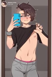 1boy black_nail_polish black_nails blue_eyes bracelet dross feminine_male flashing_nipple fully_clothed gay jewels_(dross) jordan_(dross) lifting_shirt light-skinned_male looking_at_phone mirror mirror_selfie navel nipple_slip painted_nails phone sapphire_(dross) selfie shirt_lift shirt_up social_media solo solo_focus solo_male twink