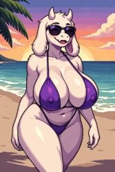 bikini female female_only furry_female anthro_female anthro pixel_art ai_generated ai-created toriel toriel_(undertale) undertale undertale_(series) big_breasts big_ass big_butt tits sunglasses sunset beach furry furry_only thedangerxdx milf chubby_female furry_breasts furry_ass