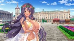 1girls blue-haired_female blue_hair boobies boobs breasts cleavage clock_tower clothed_female dark_blue_hair demigod enormous_breasts female female_only flower flower_crown game_cg gigantic_breasts happy_face hinata_nao huge_breasts large_breasts long_blue_hair long_hair long_hair_female madellie_parnepoli massive_breasts moonstone_cherry open_eyes open_mouth open_mouth_smile rose_(flower) sex_open_world_e_youkoso! tits