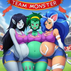 3girls 3pregnancy adventure_time ai_generated black_hair black_hair_female blue_hair capcom cat_girl catgirl crop_top crossover darkstalkers eastern_and_western_character felicia_(darkstalkers) female female_only green_eyes green_hair green_skin lazybonesai looking_at_viewer marceline marceline_the_vampire_queen naked naked_female pregnant pregnant_belly pregnant_female purple_crop_top red_eyes rottytops shantae skull_earrings smiling_at_viewer tan-skinned_female undead vampire vampire_girl wanting_sex zombie zombie_girl