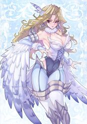 1girls blonde_hair breasts cosplay detailed duel_monster female female_focus female_only harpy_lady large_breasts long_hair mai_valentine manamoonart pinup simple_background tagme yu-gi-oh! yu-gi-oh!_duel_monsters