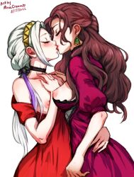 2020s 2022 2girls alternate_costume alternate_hairstyle bare_shoulders black_choker braid breasts breasts_out brown_hair choker closed_eyes closed_mouth dated dorothea_arnault dress edelgard_von_hresvelg female female_only fire_emblem fire_emblem:_three_houses fire_emblem_warriors:_three_hopes grey_hair hand_on_own_chest hug kiss kissing long_hair low_ponytail medium_breasts minacream multiple_girls nintendo nipples official_alternate_costume official_alternate_hairstyle ponytail red_dress shoulders small_breasts white_background white_hair yuri