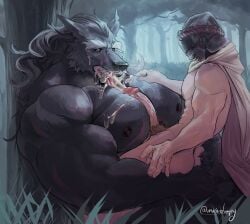 anthro armor black_nipples black_nose blaidd_(elden_ring) bodily_fluids butt butt_grab canid canine canis cape claws clothing cum duo ejaculation elden_ring facial_scar fangs finger_claws forest fromsoftware gay gay_male genital_fluids genitals hand_on_butt headgear headgear_only helmet helmet_only hi_res human male male/male mammal masedumpy muscular muscular_anthro muscular_male nipples nude nude_anthro nude_male orgasm outside pecjob pecs penis plant pubes scar scars_all_over sex teeth tongue tongue_out tree vein veiny_penis wolf yaoi