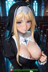 1girls ahq_hentai ai_female ai_generated alice_zuberg blonde_hair blue_eyes blush breasts_out church exposed_breasts female female_only gothic gothic_dress gothic_girl medium_breasts nipples nsfw one_breast_out patreon perfect_body sexy stable_diffusion sword_art_online tagme