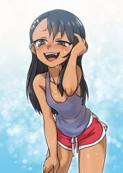 1girls bending_over black_hair blush breasts brown_eyes centinel303 cleavage clothed clothing earrings fangs female_focus female_only hayase_nagatoro hi_res long_hair looking_at_viewer please_don't_bully_me,_nagatoro pose revealing_clothes simple_background small_breasts smile solo sportswear sweat tan tan_skin tanned transparent_clothing