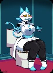 5_fingers anthro black_bottomwear black_clothing black_pants blue_body blue_buttons blue_ears blue_fingers bottomwear bottomwear_down butt cheek_spots clothed clothing cord_tail darkner deltarune diarrhea empty_eyes english_text explosive_diarrhea feces feces_blowout feces_in_toilet felid feline female fingers floating_hands footwear glistening glistening_body hi_res machine mammal metal_clothing metallic_body multicolored_body pants pants_down partially_clothed pooping_in_toilet robot scat shoes sillynamie solo tasque_manager tasque_manager_(deltarune) text toilet toilet_bowl toilet_lid toilet_seat toilet_use two_tone_body undertale_(series) white_body